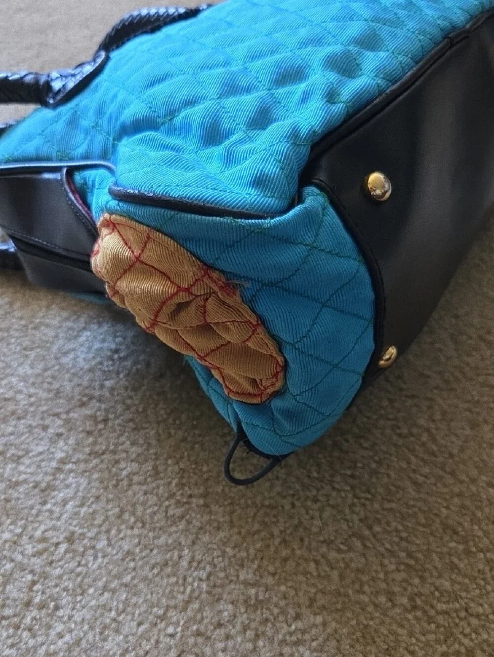 ANGELA FRASCONE Quilted Blue & Green Decorative Satchel Braided Black Handles